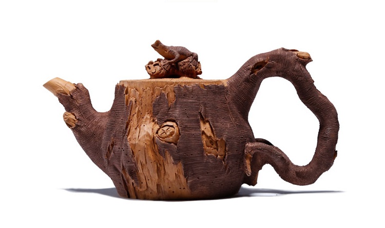 仿木外皮紫砂壺，創(chuàng)意木樁手工雕刻紫砂壺